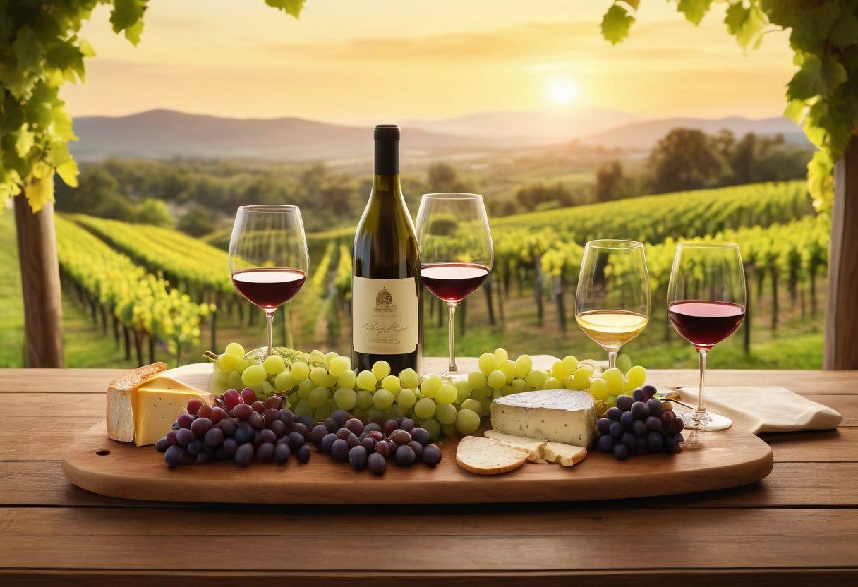An elegant dining table set for a wine tasting, featuring a variety of wine bottles and glasses, fresh grapes, and artisanal cheese on a wooden board. The background shows a lush vineyard under a sunset sky, emphasizing the journey from vine to glass. Soft, warm lighting creates an inviting atmosphere for guests. super-realistic. vibrant colors. 3D.