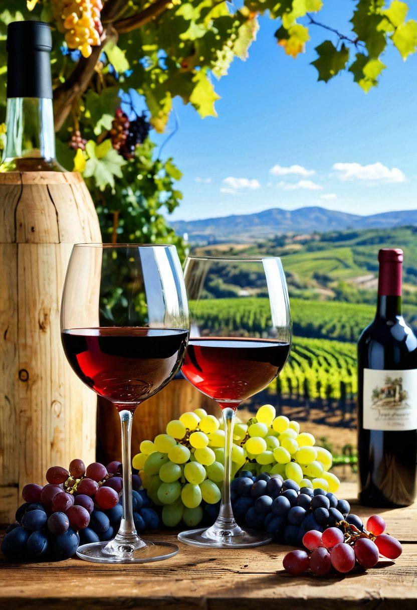 A vibrant wine glass clinking against a rustic wooden table, surrounded by diverse wine bottles from various regions like France, Italy, and Argentina. The background showcases picturesque vineyards under a clear blue sky with grape bunches hanging from lush vines. Include cultural elements like wine barrels, cheeses, and traditional wine glasses representing global wine cultures. super-realistic. vibrant colors. picturesque scenery.
