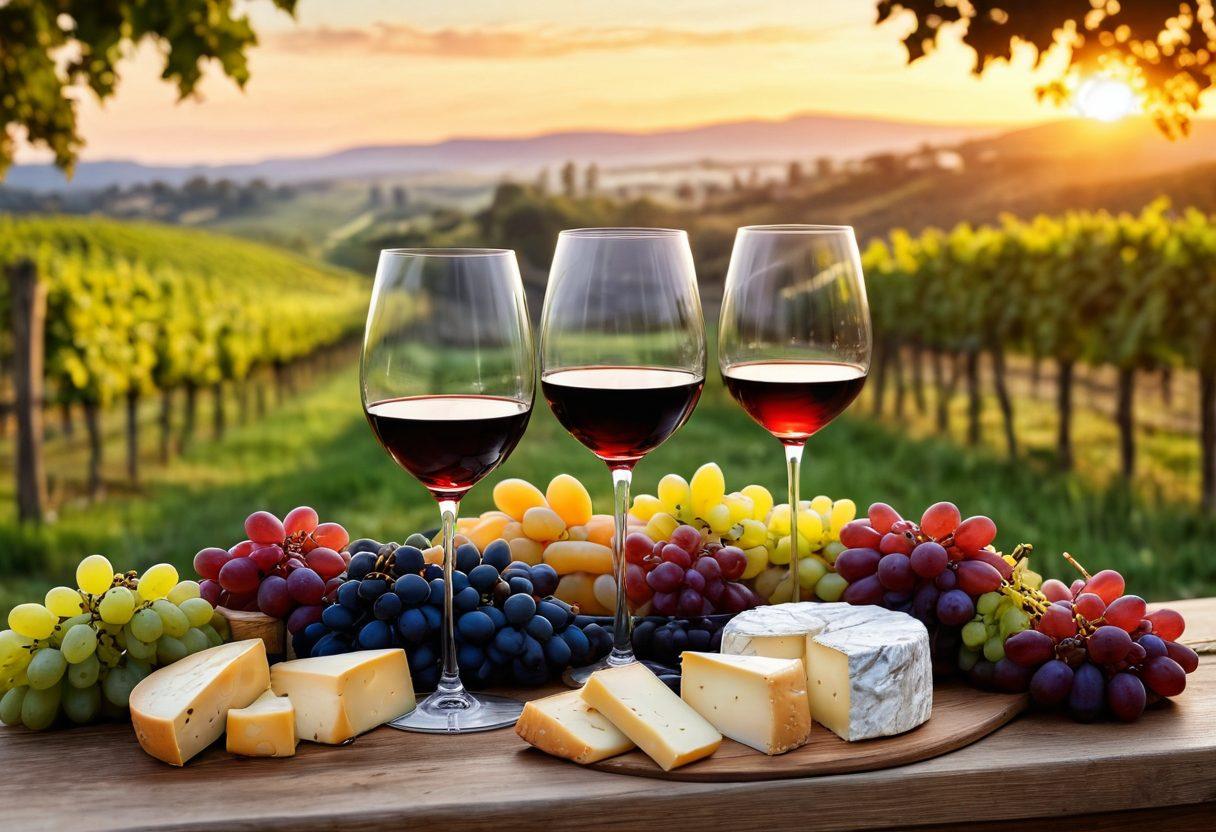 A beautifully arranged wine tasting scene featuring an array of vibrant wine glasses filled with rich reds and crisp whites, surrounded by delicious cheese, fruits, and elegant decorative elements like grapevines and soft candlelight. In the background, a lush vineyard stretches out under a golden sunset, evoking a sense of serenity and celebration. The atmosphere should be warm and inviting, inviting viewers to indulge in the experience. super-realistic. vibrant colors. soft focus.